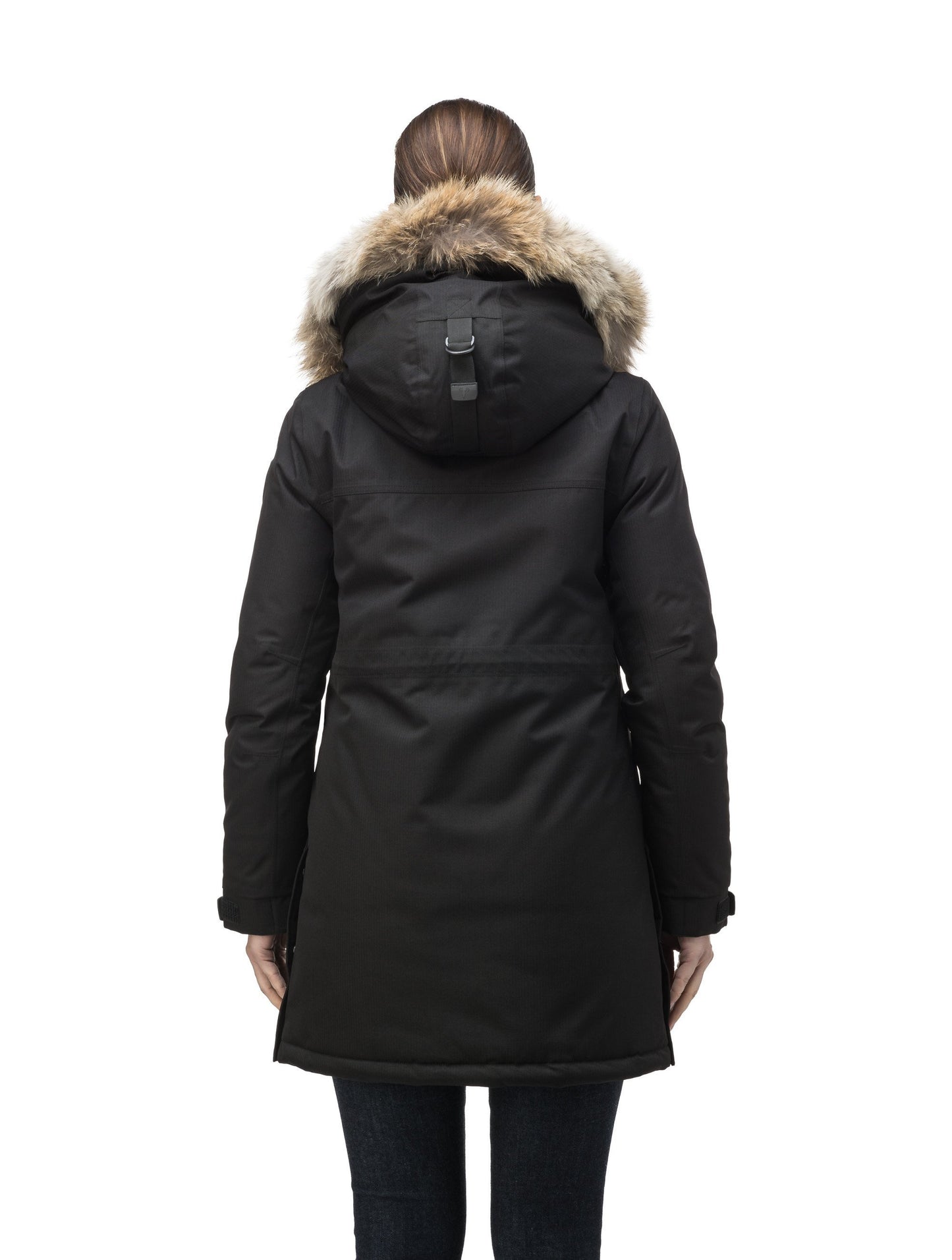 Thigh length women's down filled parka with side entry pockets and drawcord waist, removable hood and fur trim in Black