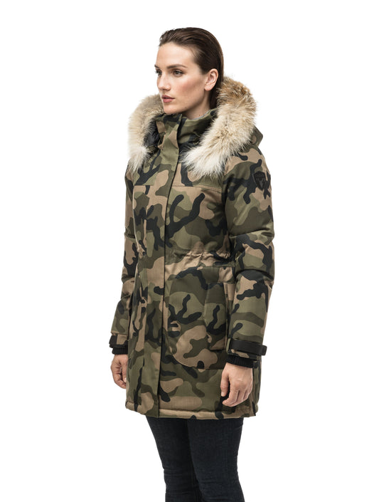 Thigh length women's down filled parka with side entry pockets and drawcord waist, removable hood and fur trim in Camo