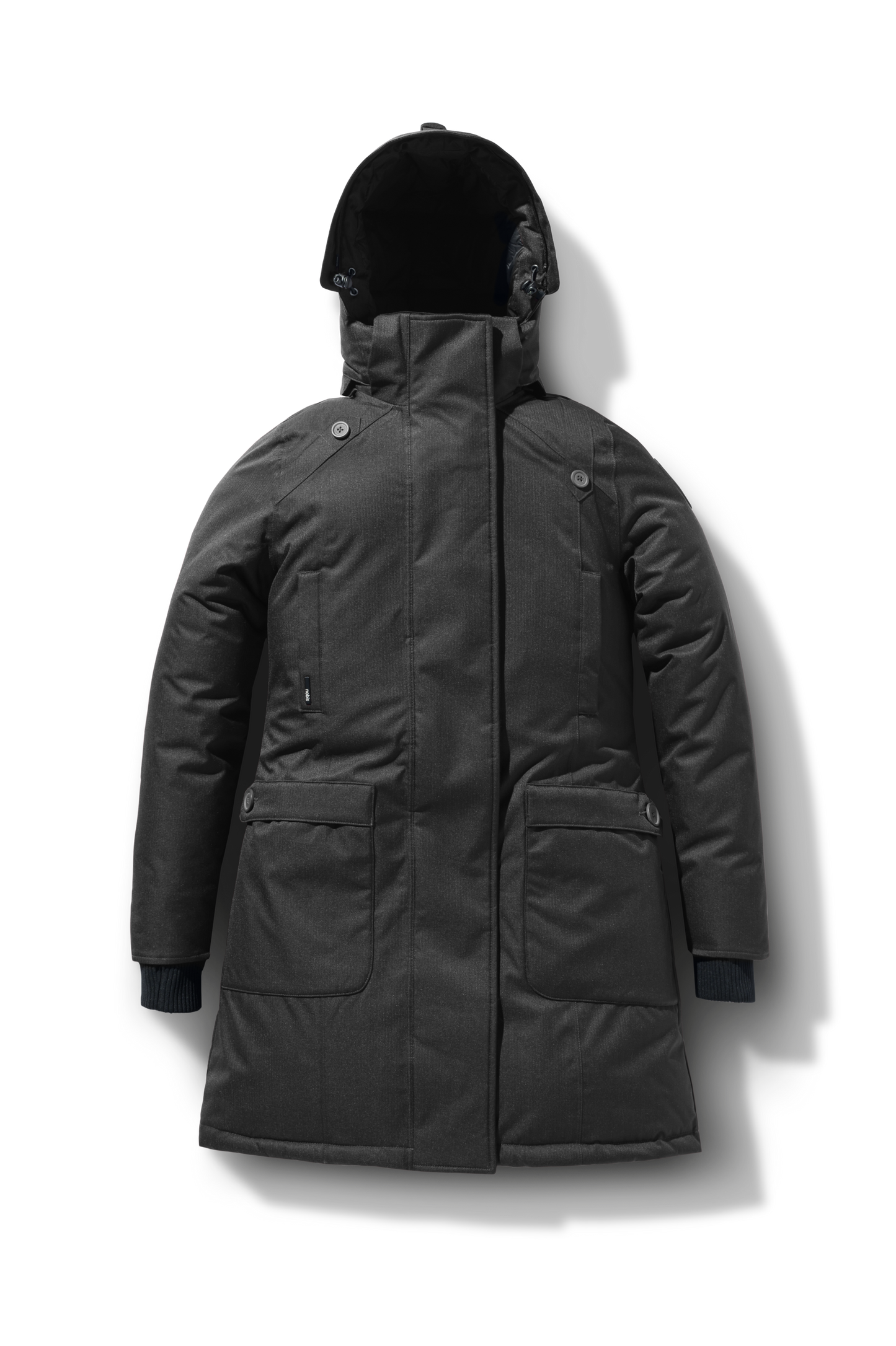 Merideth Furless Ladies Parka in thigh length, Canadian white duck down insulation, removable down-filled hood, centre-front two-way zipper with magnetic wind flap closure, four exterior pockets, and elastic ribbed cuffs, in Black
