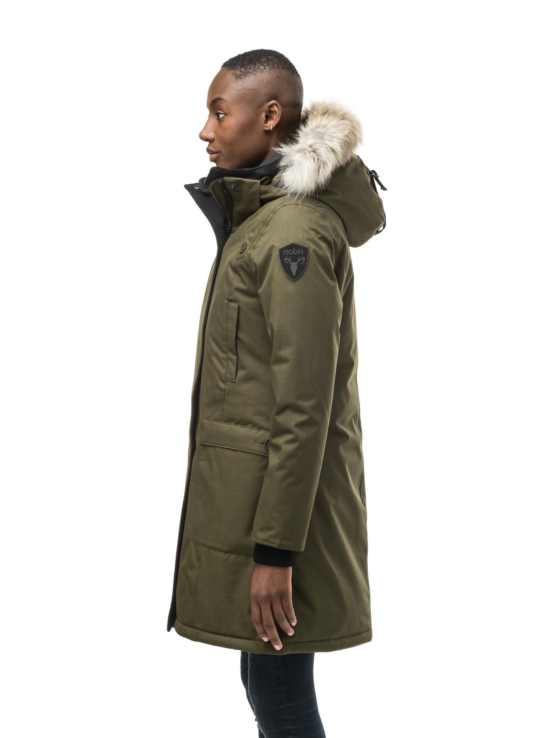 Best selling women's down filled knee length parka with removable down filled hood in CH Fatigue