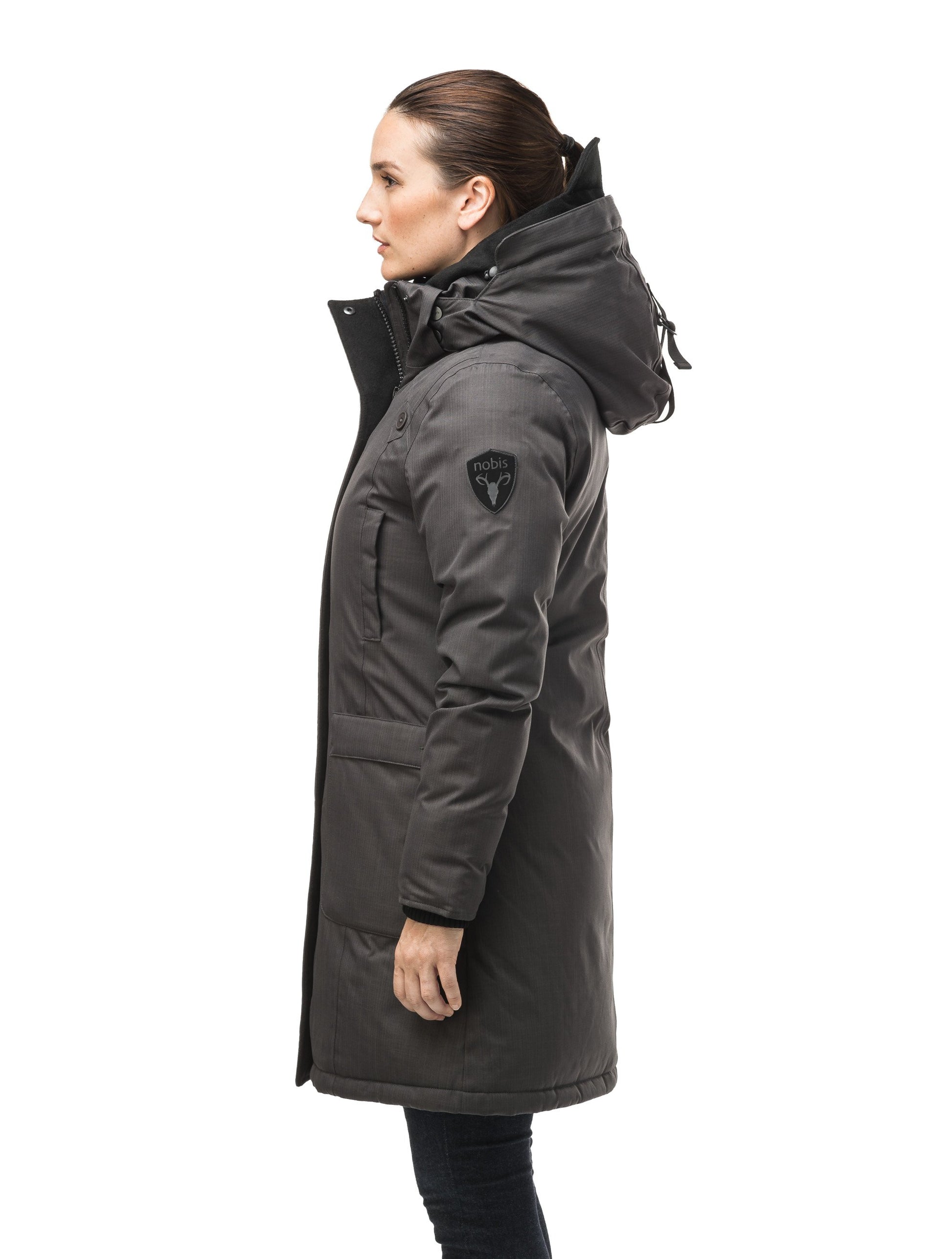 Best selling women's down filled knee length parka with removable down filled hood in CH Steel Grey