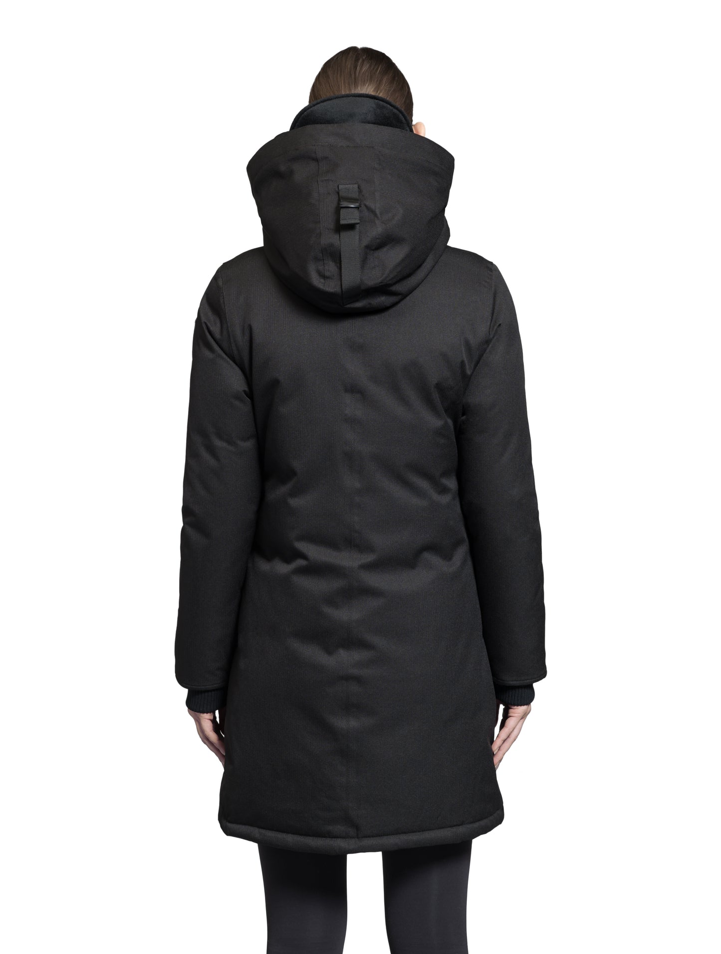 Merideth Furless Ladies Parka in thigh length, Canadian white duck down insulation, removable down-filled hood, centre-front two-way zipper with magnetic wind flap closure, four exterior pockets, and elastic ribbed cuffs, in Black