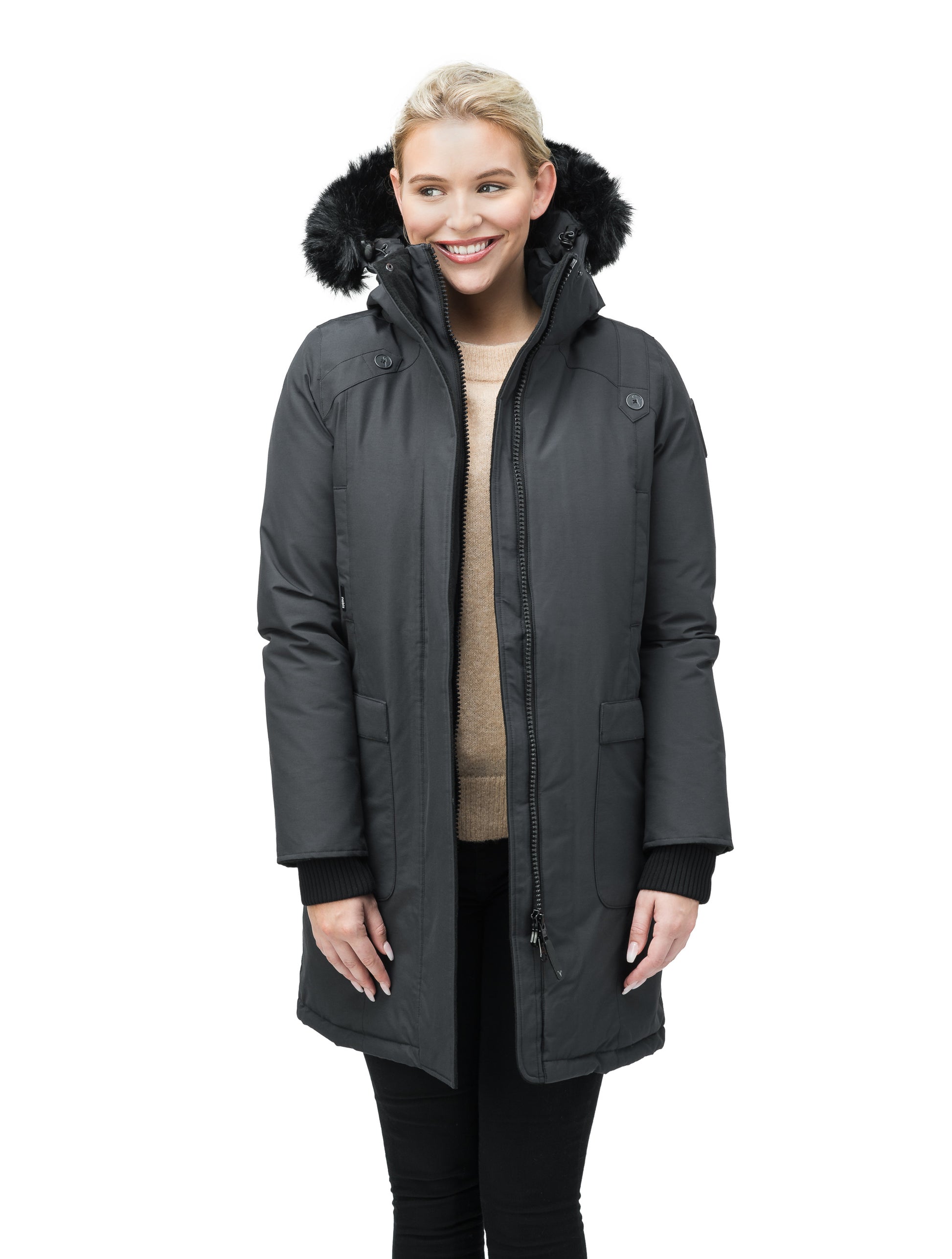 Women's thigh length down parka with removable hood and faux fur trim in Black