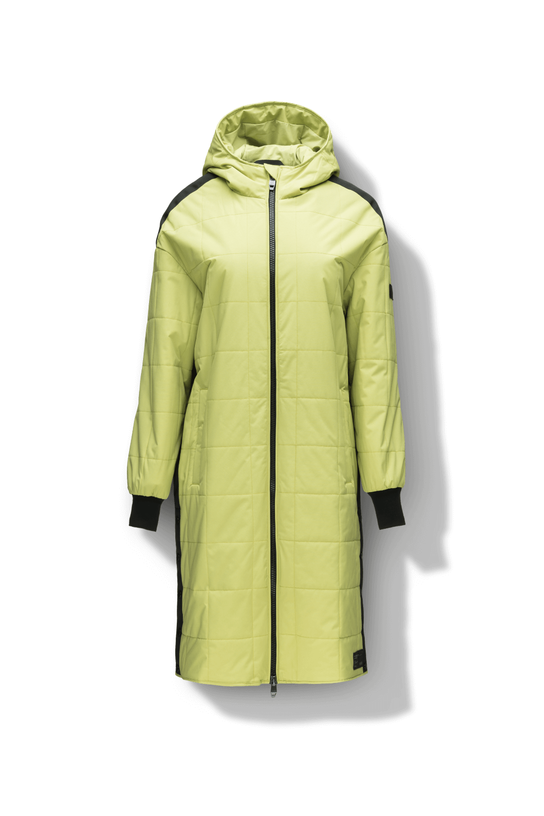 Radar Women's Performance Long Midlayer Jacket in long length, premium stretch ripstop and stretch Toray nylon fabrication, premium 4-way stretch, water resistant Primaloft Gold Insulation Active+, non-removable hood with adjustable draw cord, 2-way branded zipper at centre front, single welt pockets with magnetic closure at hips, elongated ribbed cuffs, grosgrain ribbon detail at shoulder and side seams, and snap closure side seam vent, in Dark Citron