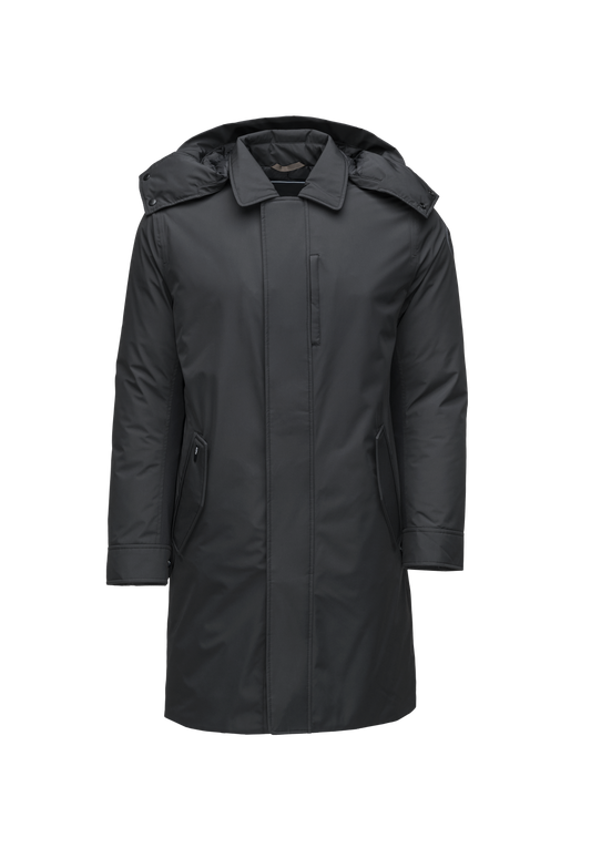 Nord Men's Tailored Trench Coat in knee length, 3-Ply Micro Denier and 4-Way Durable Stretch Weave fabrication, Premium Canadian White Duck Down insulation, removable down-filled hood, exterior zipper pocket at left chest, and adjustable snap button cuffs, in Black