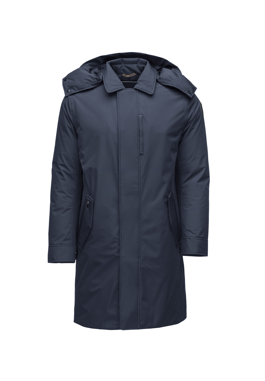 Nord Men's Tailored Trench Coat in knee length, 3-Ply Micro Denier and 4-Way Durable Stretch Weave fabrication, Premium Canadian White Duck Down insulation, removable down-filled hood, exterior zipper pocket at left chest, and adjustable snap button cuffs, in Marine