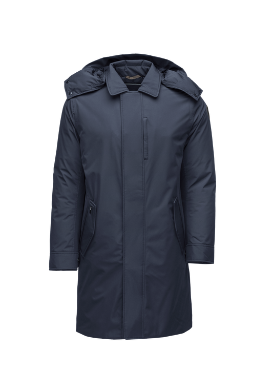 Nord Men's Tailored Trench Coat in knee length, 3-Ply Micro Denier and 4-Way Durable Stretch Weave fabrication, Premium Canadian White Duck Down insulation, removable down-filled hood, exterior zipper pocket at left chest, and adjustable snap button cuffs, in Marine
