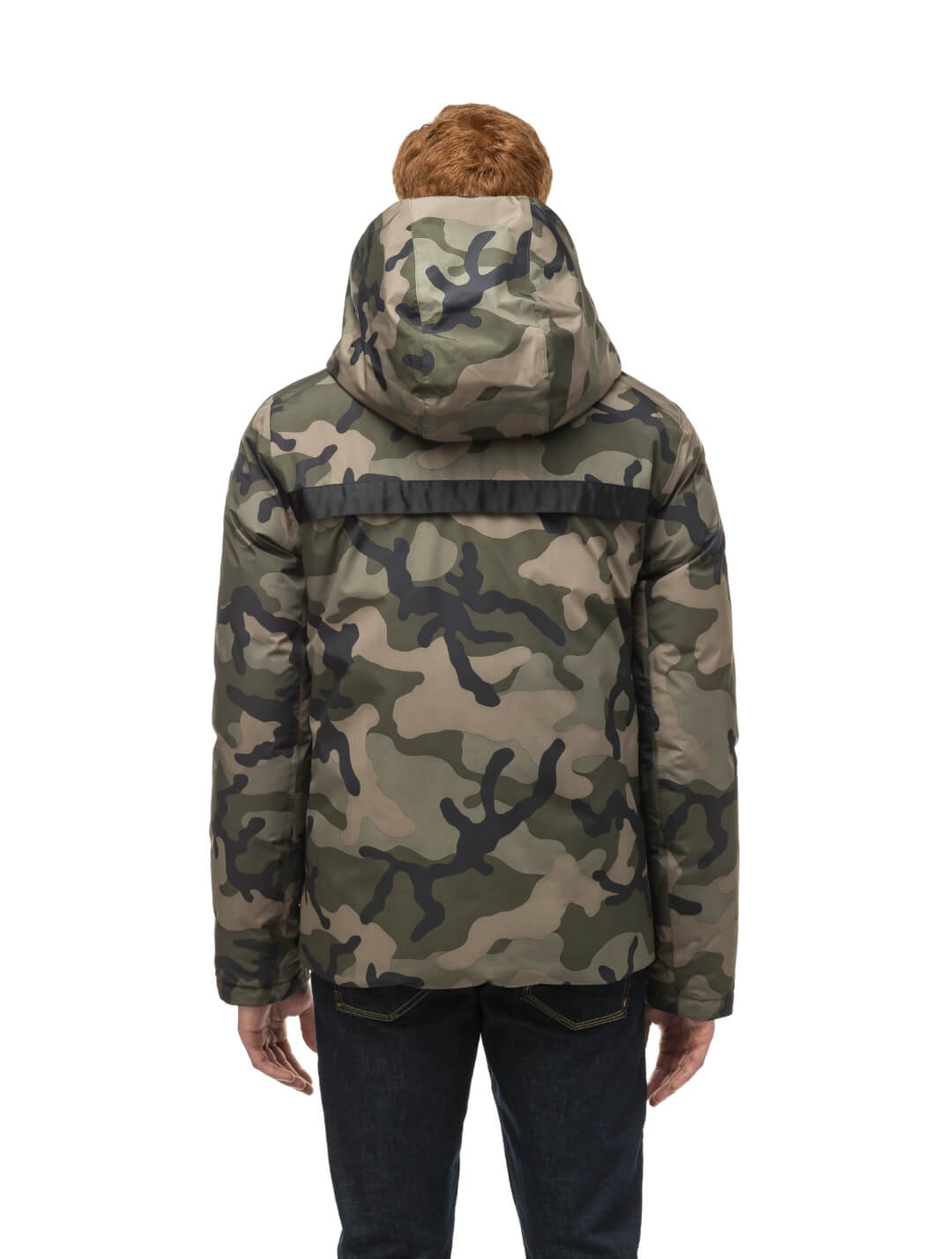 Oliver Men's Oversized Reversible Puffer from waterproof side to quilted puffer side, Canadian Duck Down insulation, in hip length, removable down-filled hood, multiple zipper pockets, 2-way center-front zipper, ribbed cuffs, in Camo