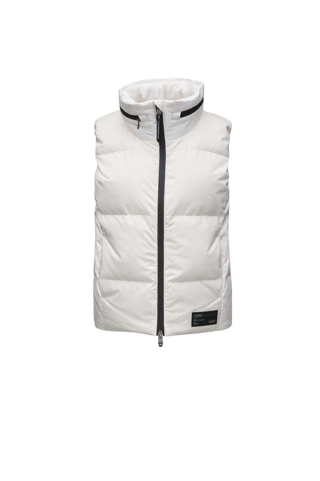 Oren Ladies Performance Vest in hip length, Durable Stretch Ripstop and 3-Ply Micro Denier fabrication, Premium Canadian White Duck Down insulation, tuck-away waterproof hood, and two-way centre front zipper, in Chalk