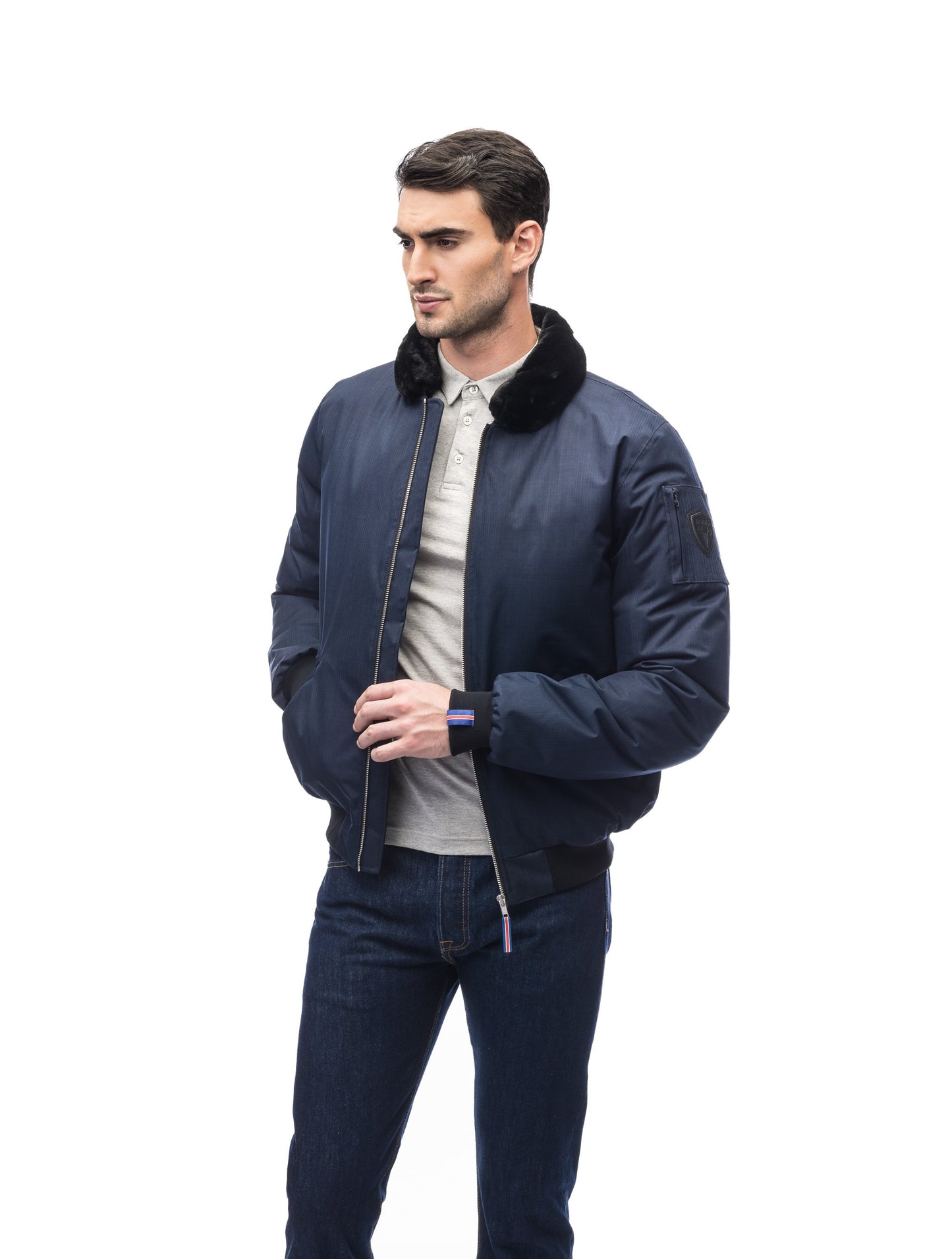 Men's down fileld waist length bomber jacket with shirt style rabbit fur collar in Navy