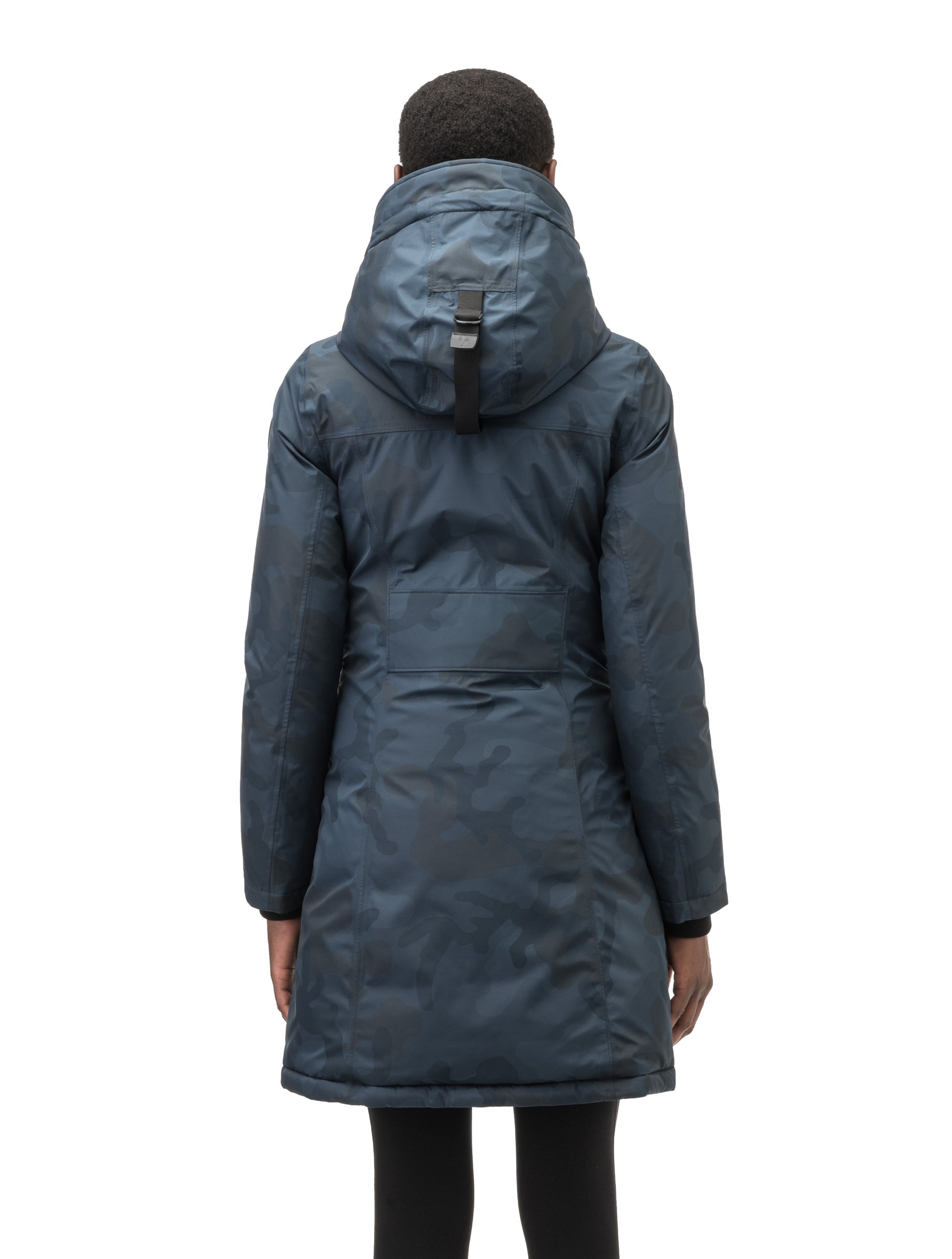 Ladies thigh length down-filled parka with non-removable hood and removable coyote fur trim in Navy Camo
