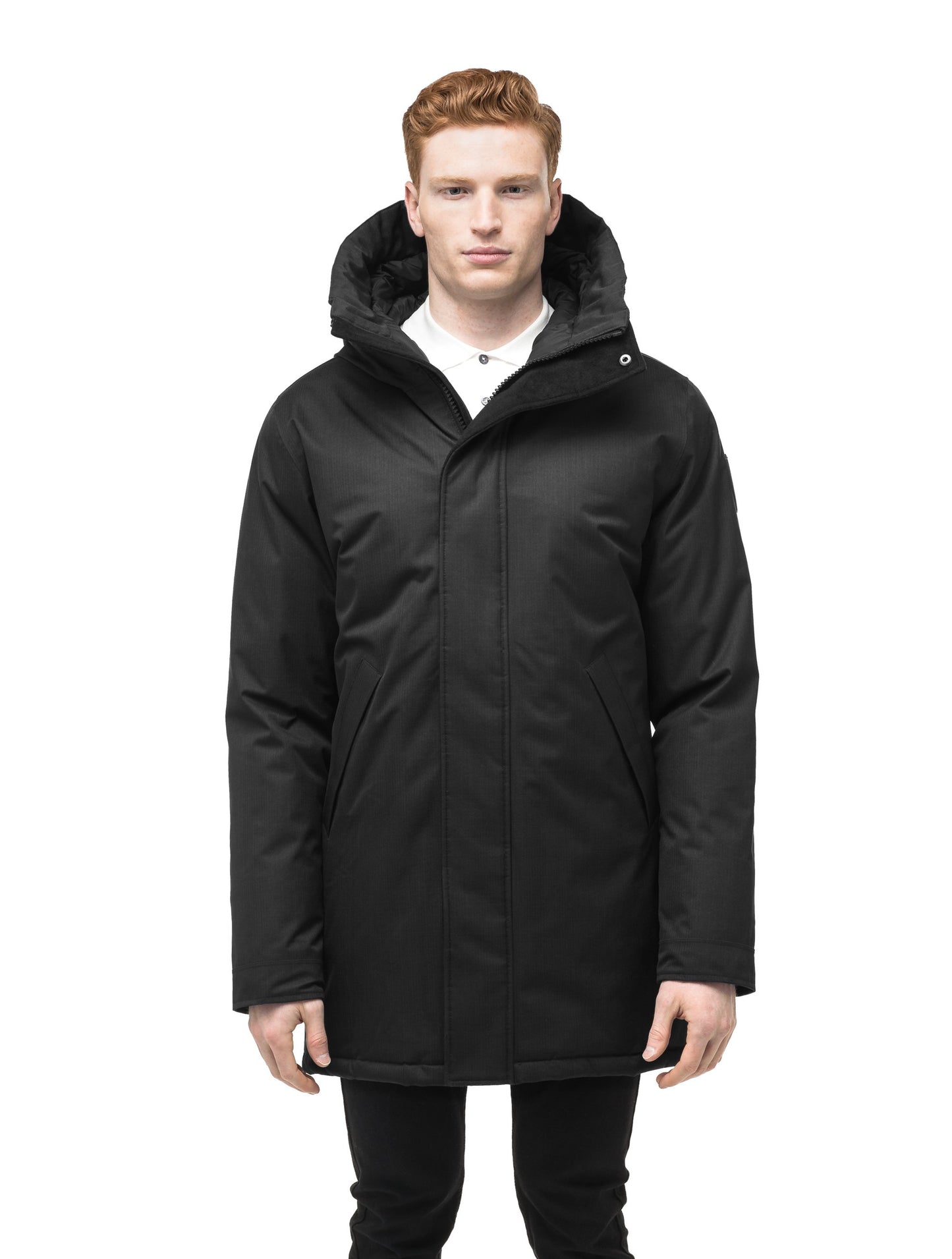 Pierre Men's Jacket in thigh length, Canadian white duck down insulation, non-removable down-filled hood, angled waist pockets, centre-front zipper with wind flap, and elastic ribbed cuffs, in Black