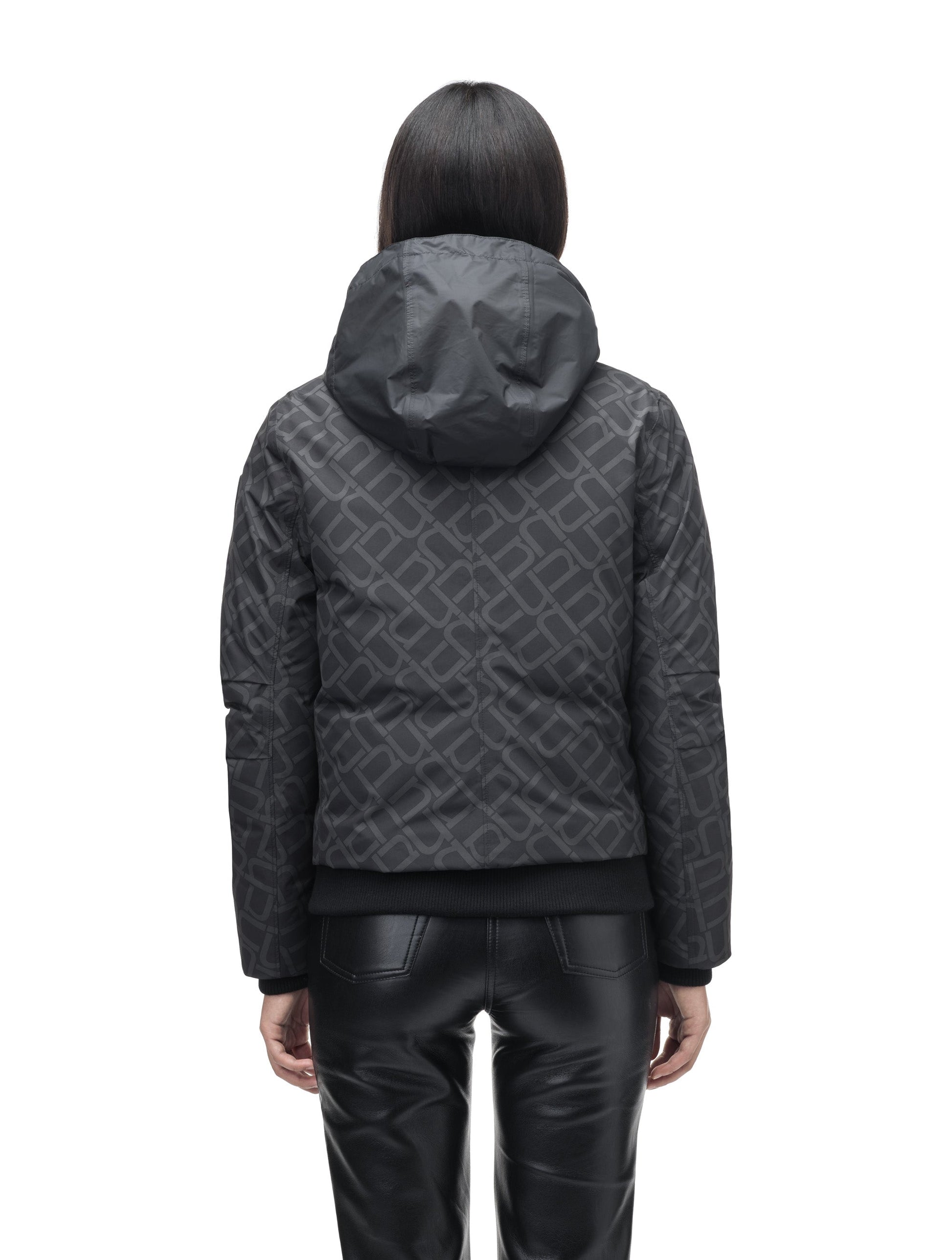 Rae Ladies Aviator Jacket in hip length, Canadian duck down insulation, removable shearling collar with hidden tuckable hood, and two-way front zipper, in Dark Monogram