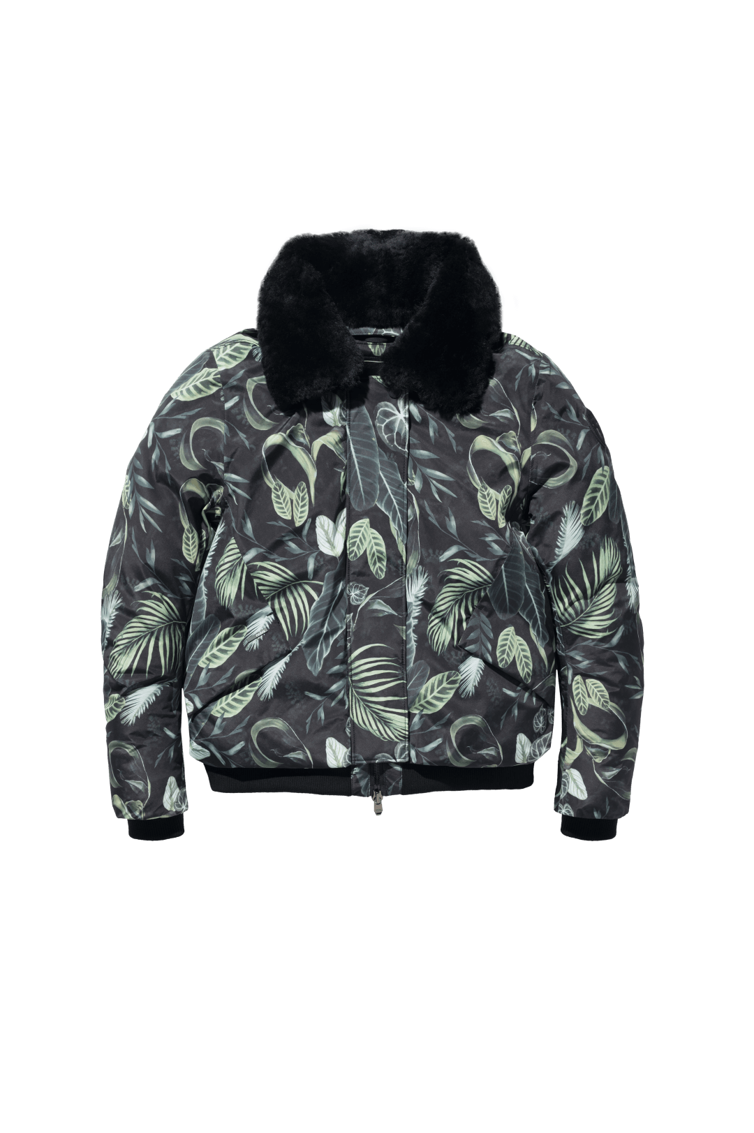 Rae Ladies Aviator Jacket in hip length, Canadian duck down insulation, removable shearling collar with hidden tuckable hood, and two-way front zipper, in Foliage