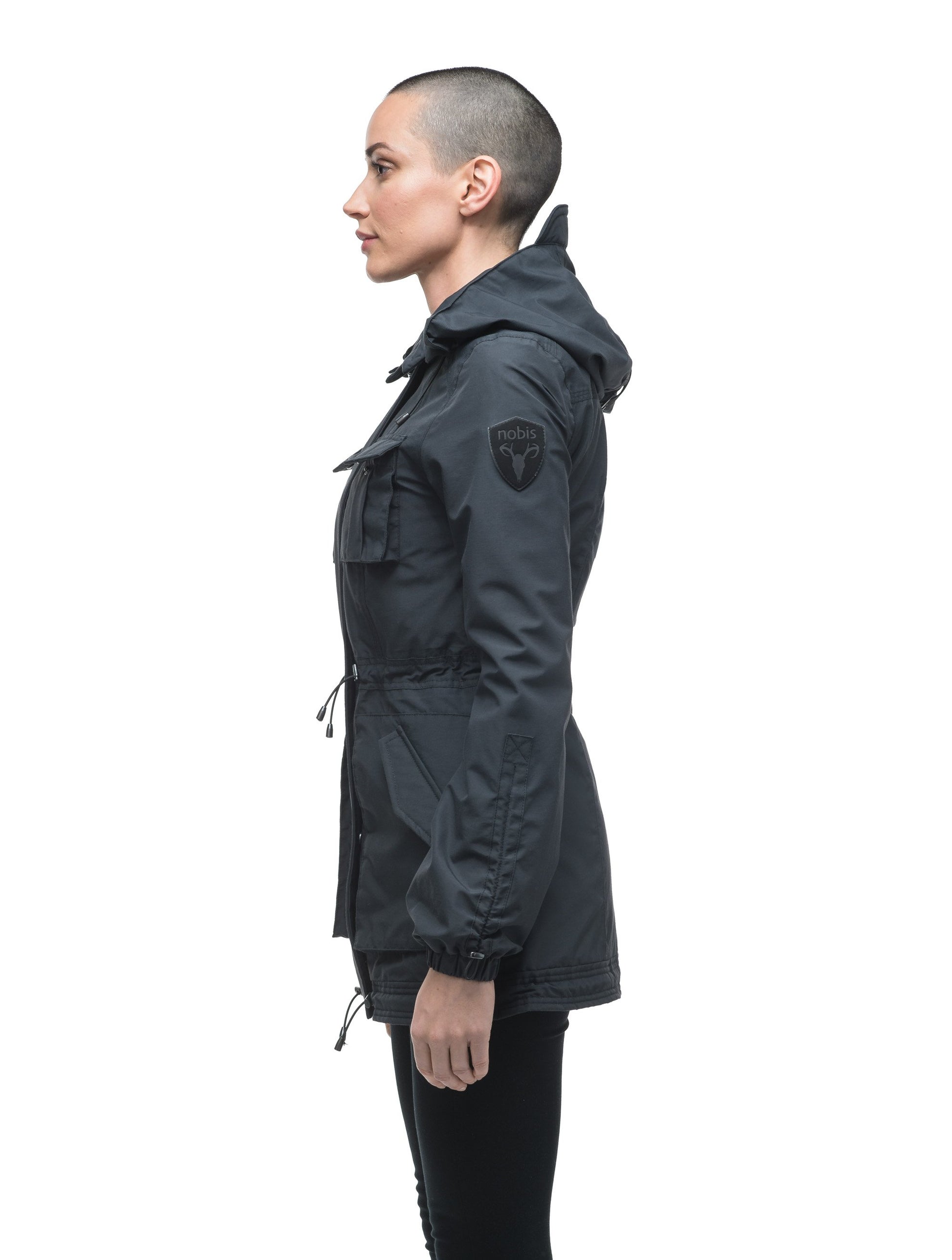 Women's hooded shirt jacket with four front pockets and adjustable waist in Black