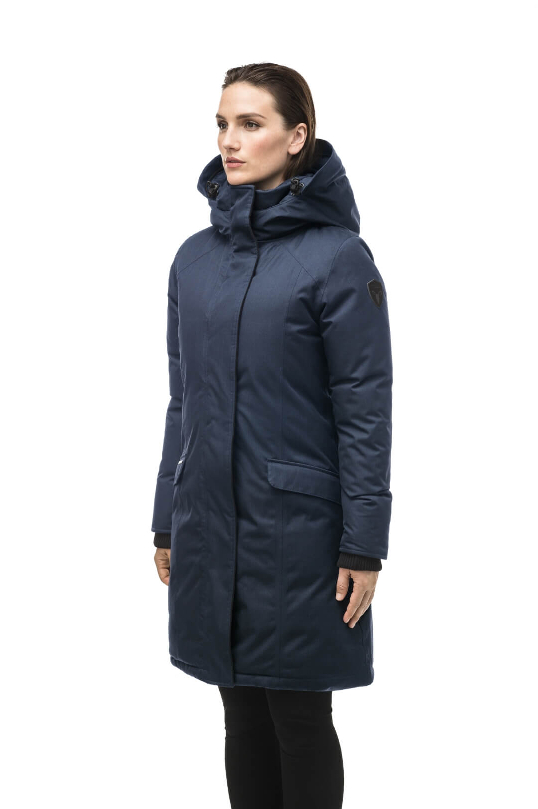 Rebecca Women's Parka in knee length, Canadian duck down insulation, two-way zipper with magnetic front placket, non-removable hood with removable coyote fur trim, in Navy