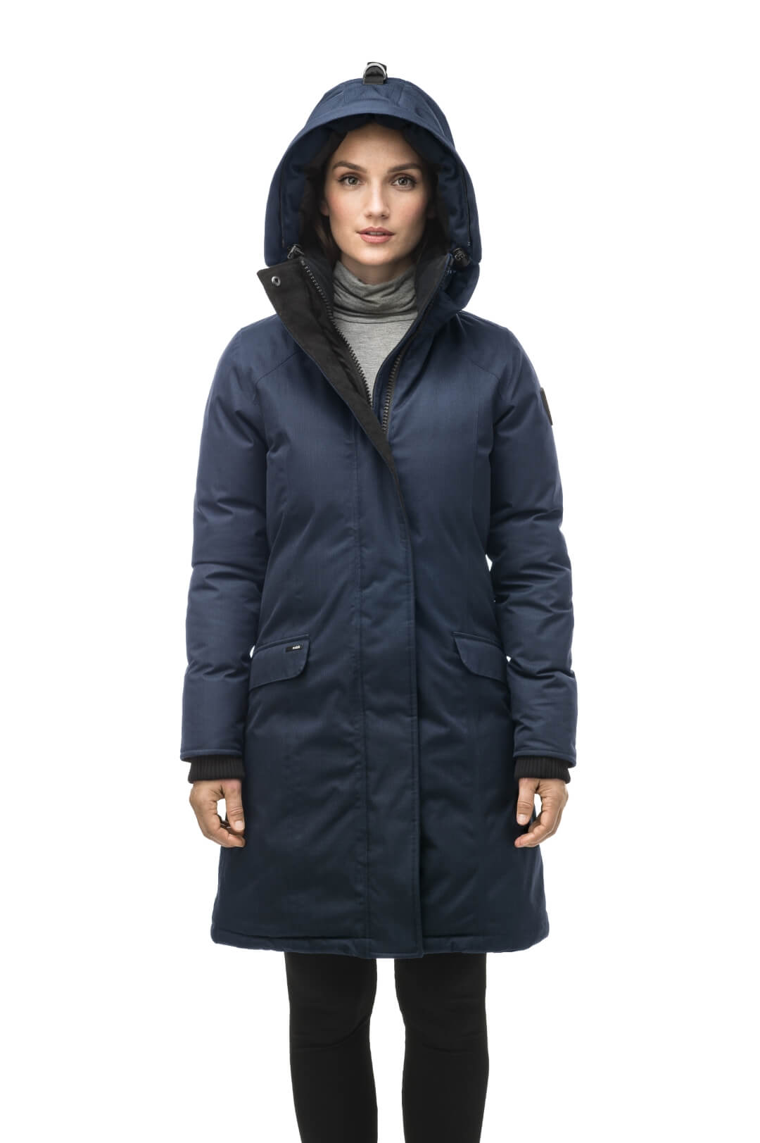 Rebecca Women's Parka in knee length, Canadian duck down insulation, two-way zipper with magnetic front placket, non-removable hood with removable coyote fur trim, in Navy