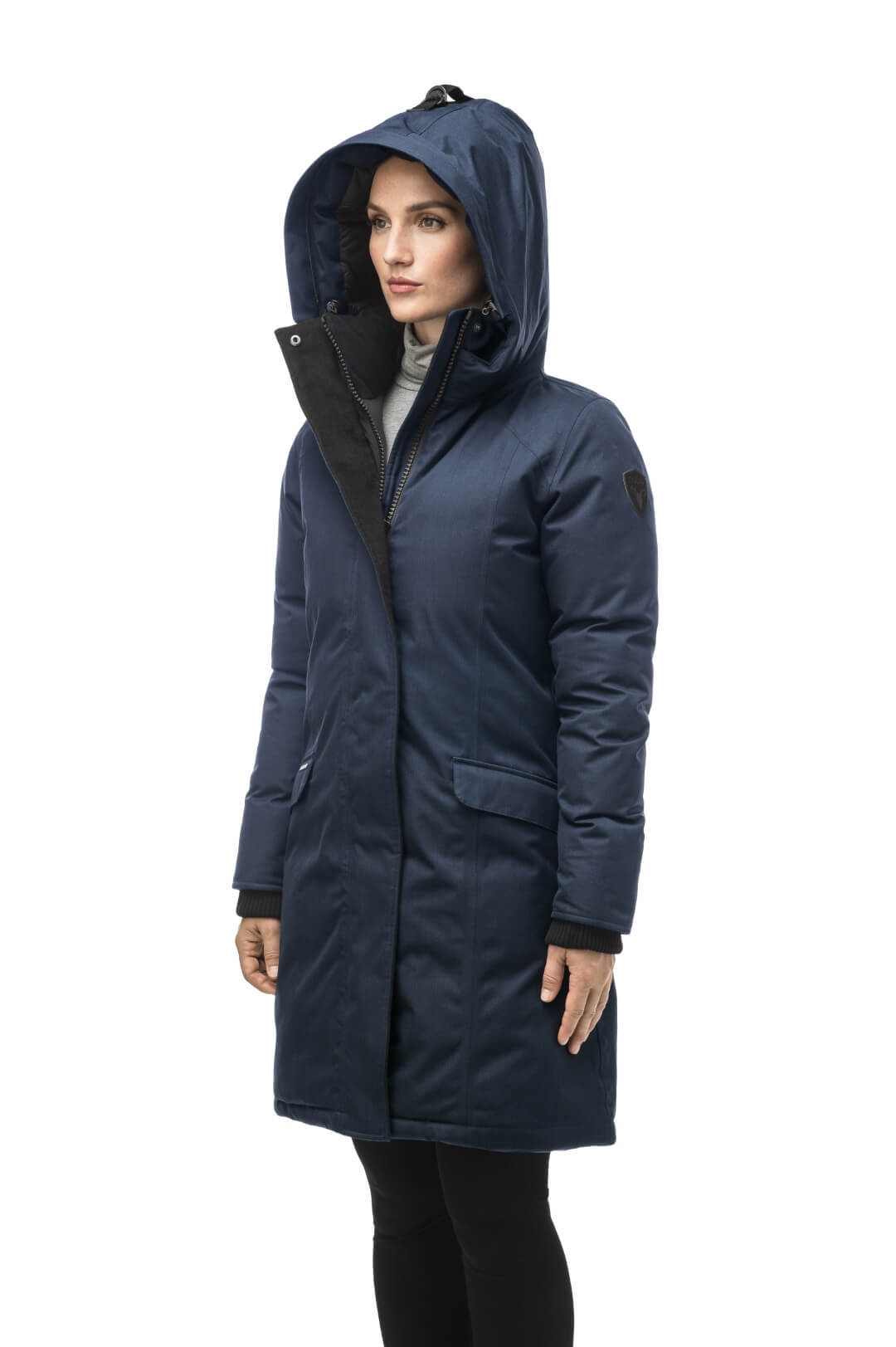 Rebecca Women's Parka in knee length, Canadian duck down insulation, two-way zipper with magnetic front placket, non-removable hood with removable coyote fur trim, in Navy