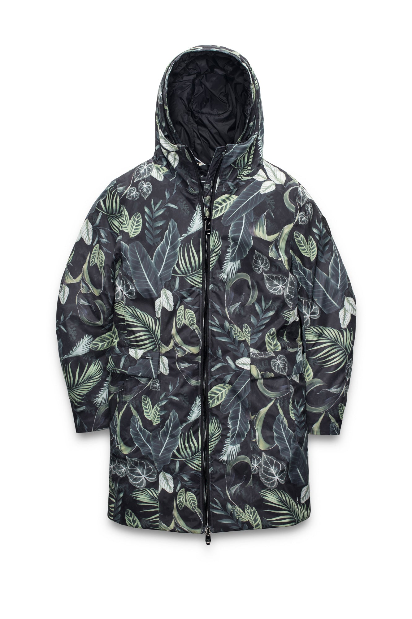 Romeda Furless Ladies Mid Thigh Parka in thigh length, Canadian duck down insulation, non-removable hood, and two-way front zipper, in Foliage