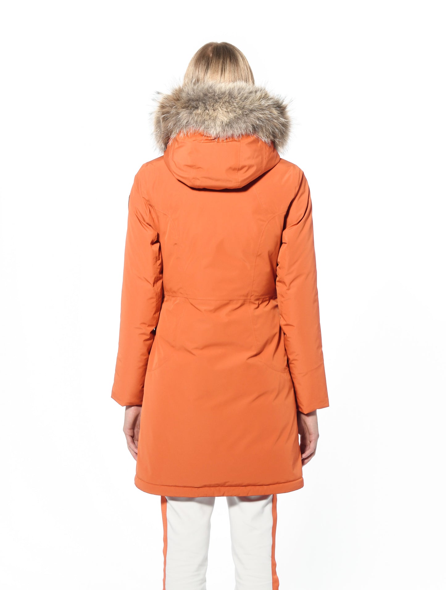 Ladies thigh length down-filled parka with non-removable hood and removable coyote fur trim in Atomic