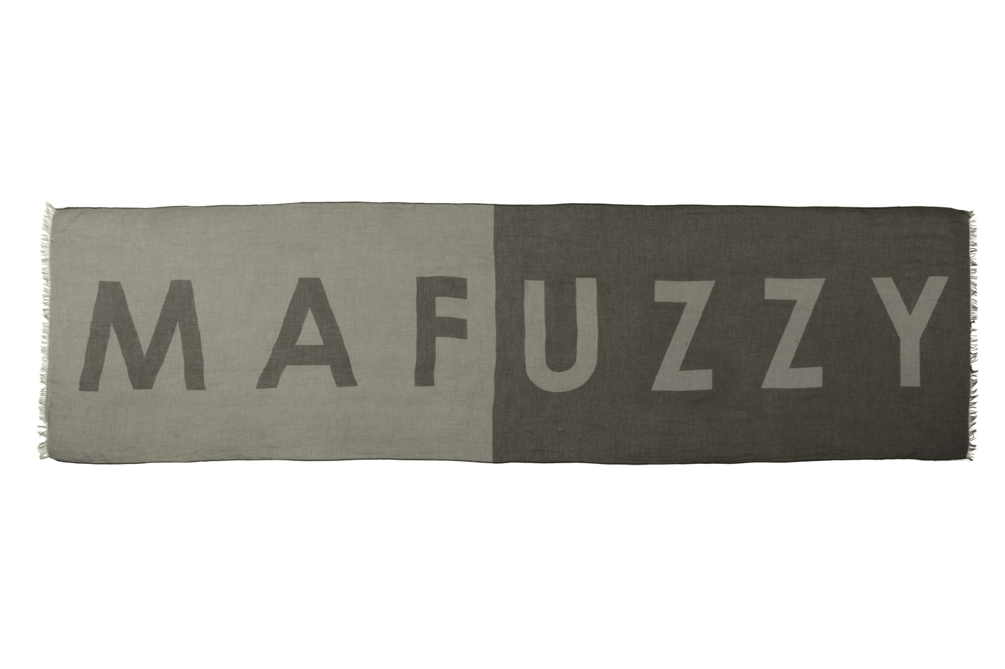 Six and a half foot long, unisex linen blend scarf with "MAFUZZY" text print in Dusty Olive