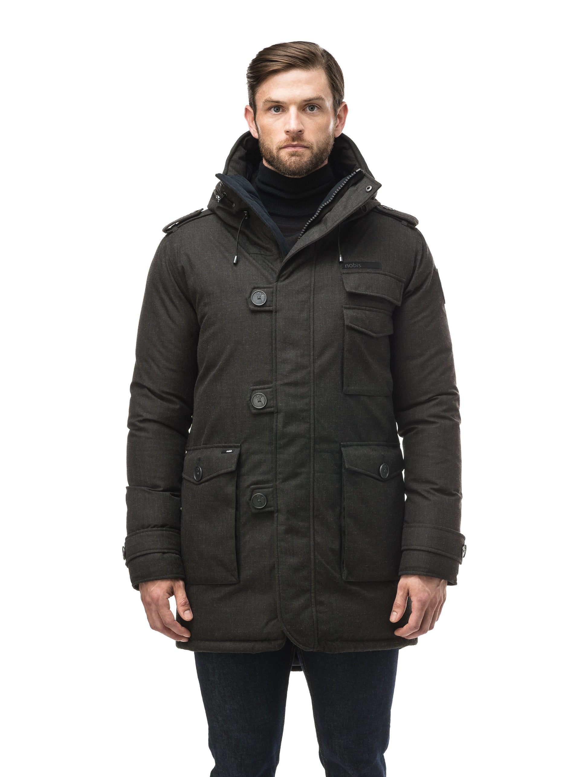 Men's Down Puffer Jacket with Faux Fur Hood and Chest Pocket