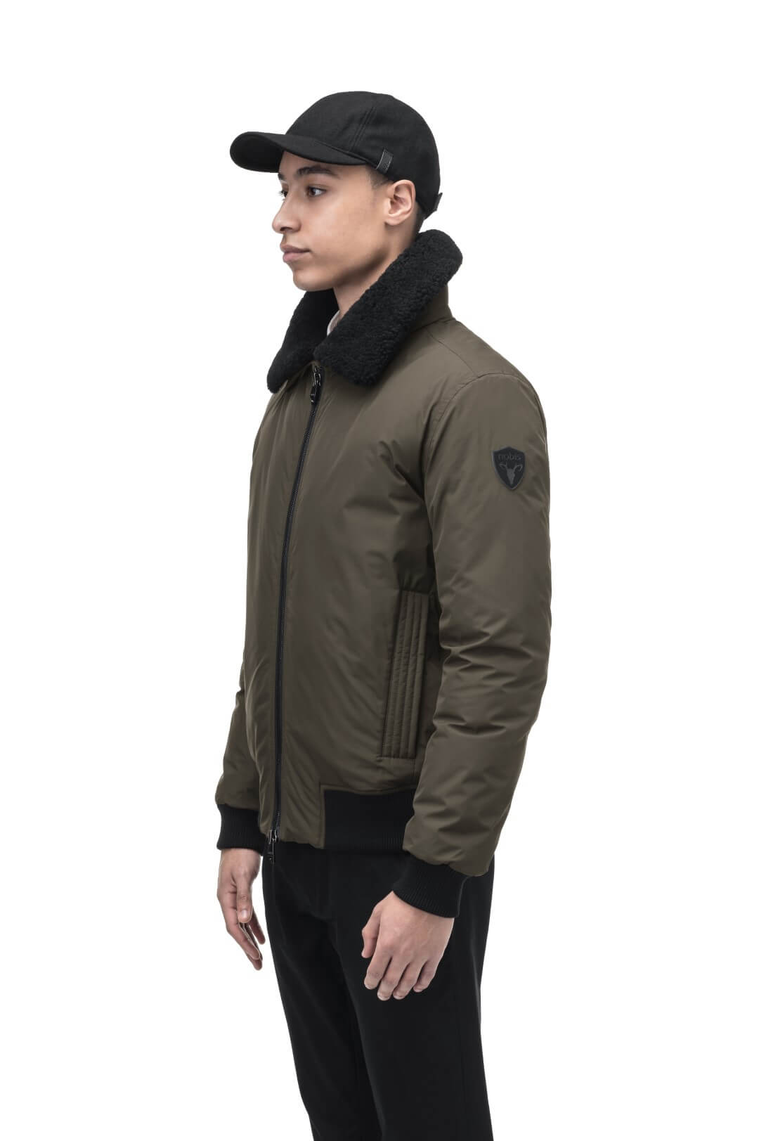 Sonar Men's Aviator Jacket in hip length, Canadian duck down insulation, removable shearling collar with hidden tuckable hood, and two-way front zipper, in Fatigue