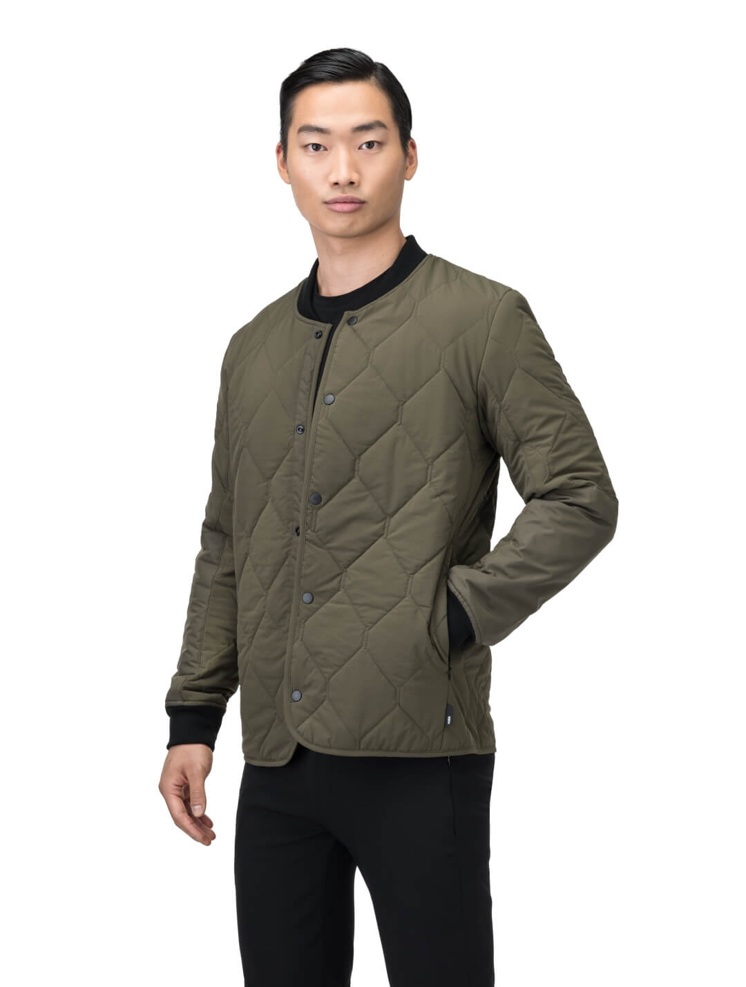 Speck Men's Tailored Mid Layer Jacket in hip length, Primaloft Gold Insulation Active+, diamond quilted body, rib knit collar and cuffs, snap buton front closure, and hidden side-entry zipper pockets at waist, in Fatigue