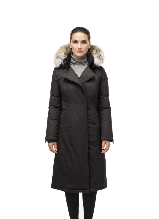 Long calf length women's trench inspired parka with removable fur trim around the hood and an asymetric closure in Black