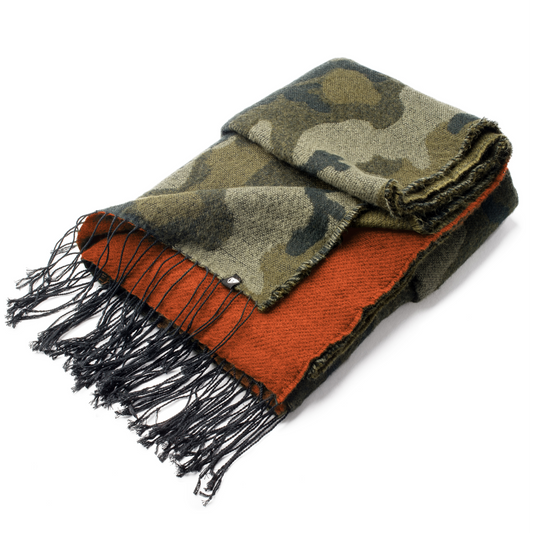 Over sized acrylic scarf that is just over six feet long just over two and a half feet wide, one side has a Camo print and the other side is orange with a dark green tassel trim