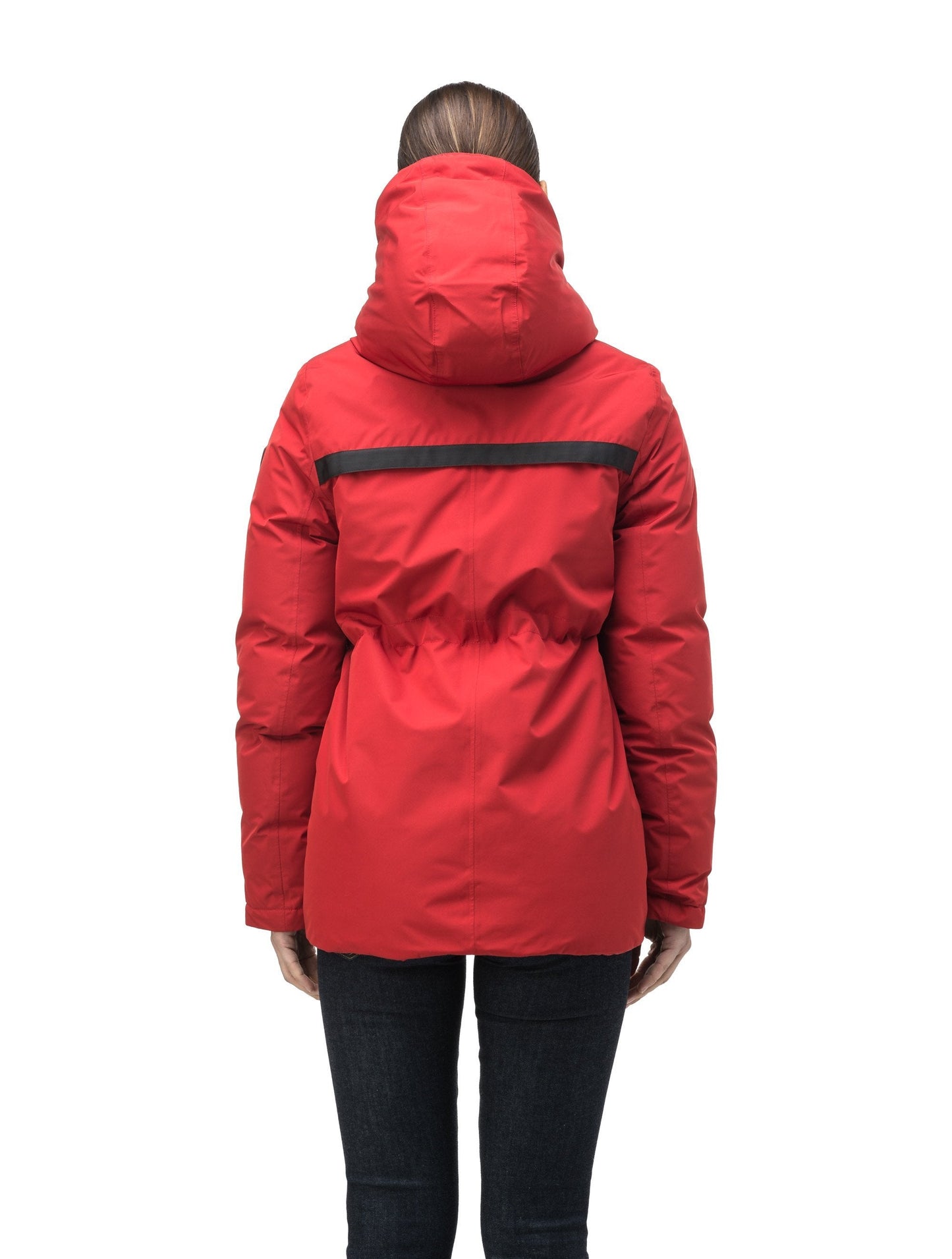 Hip length, reversible women's down filled jacket with waterproof exposed zipper in Vermillion