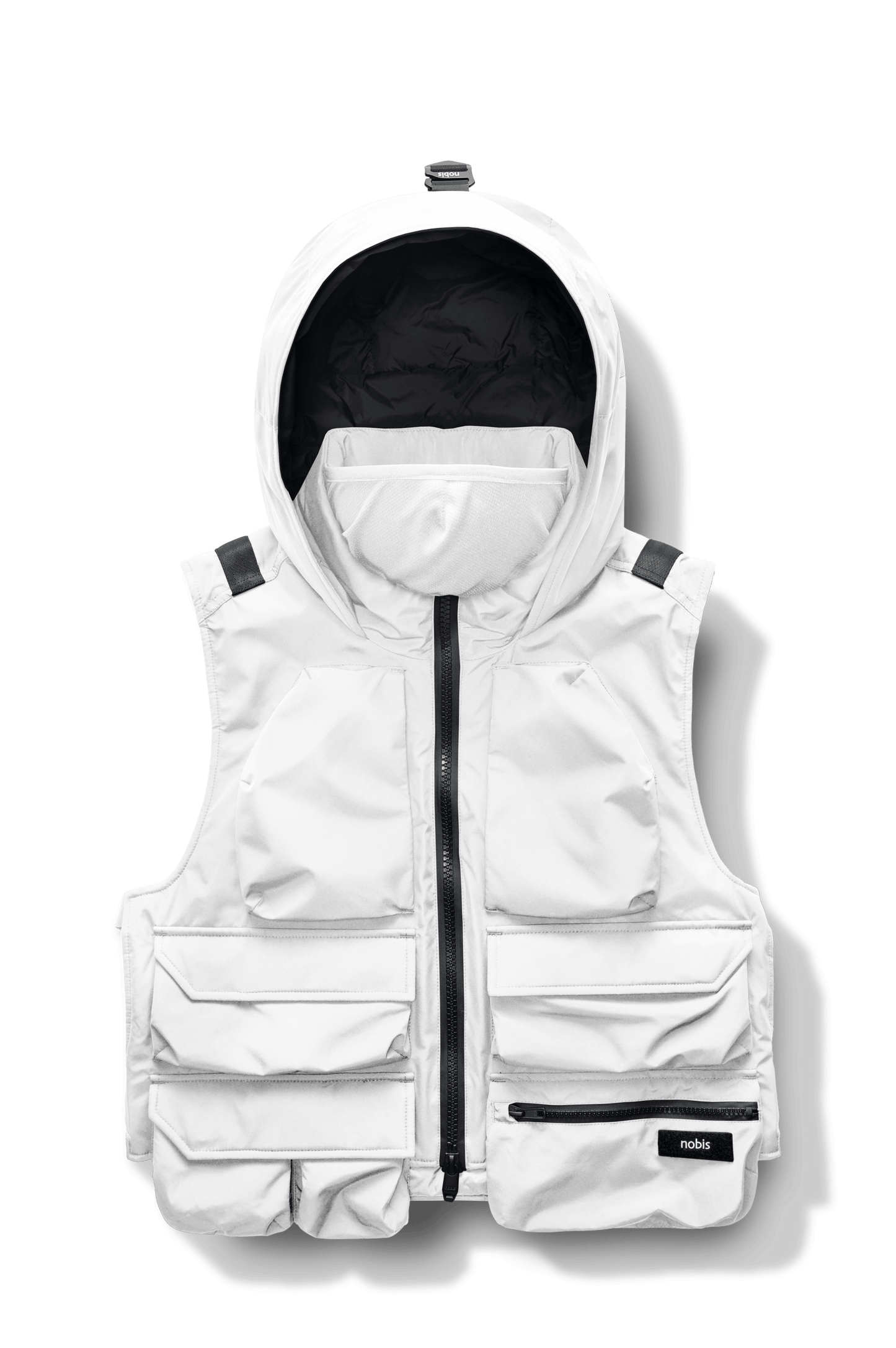 Vulcan Unisex Tactical Vest in waist length, Primaloft Gold Insulation Active, non-removable hood, removable face mask, seven pockets on front and back, and two-way front zipper, in Chalk