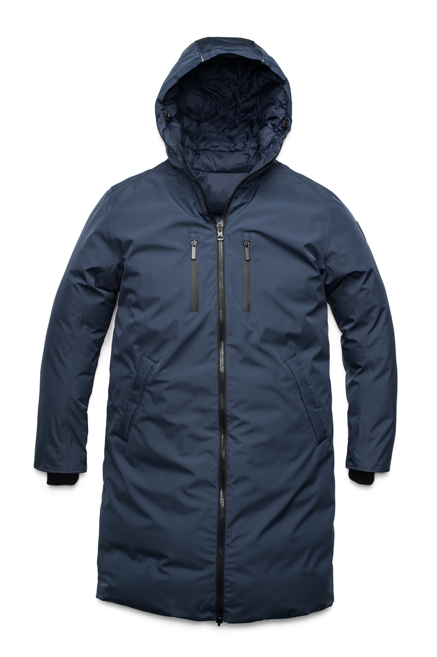 Men's knee length reversible down-filled parka with non-removable hood in Marine