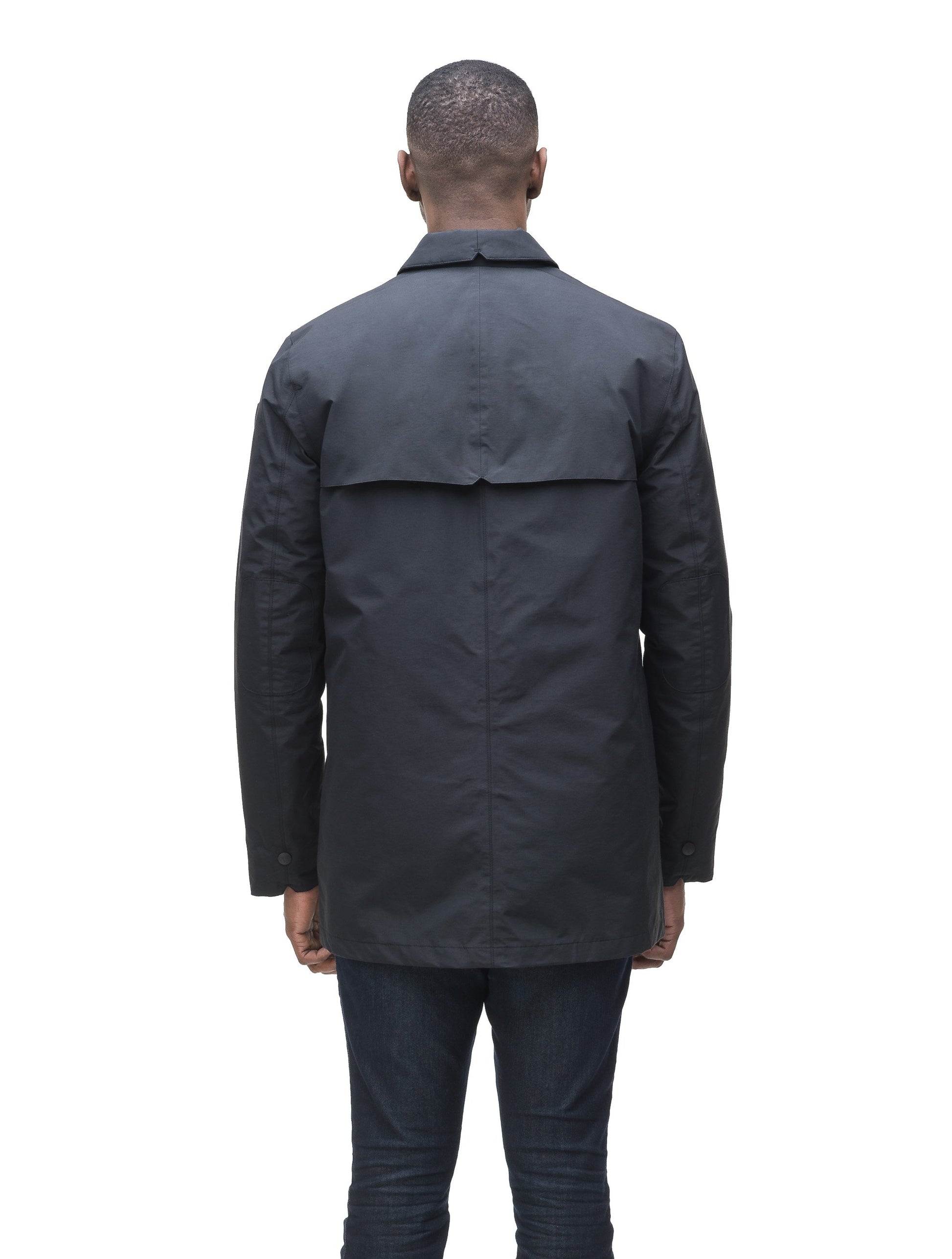 Men's waist length raincoat with a magnetic placket and top button detail in Navy