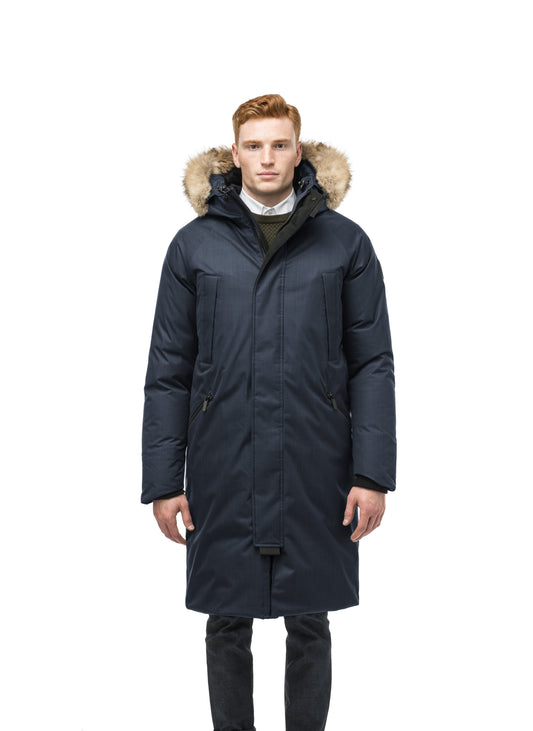This ankle length men's down filled parka doubles as an over coat with a removable fur trim on the hood in Navy