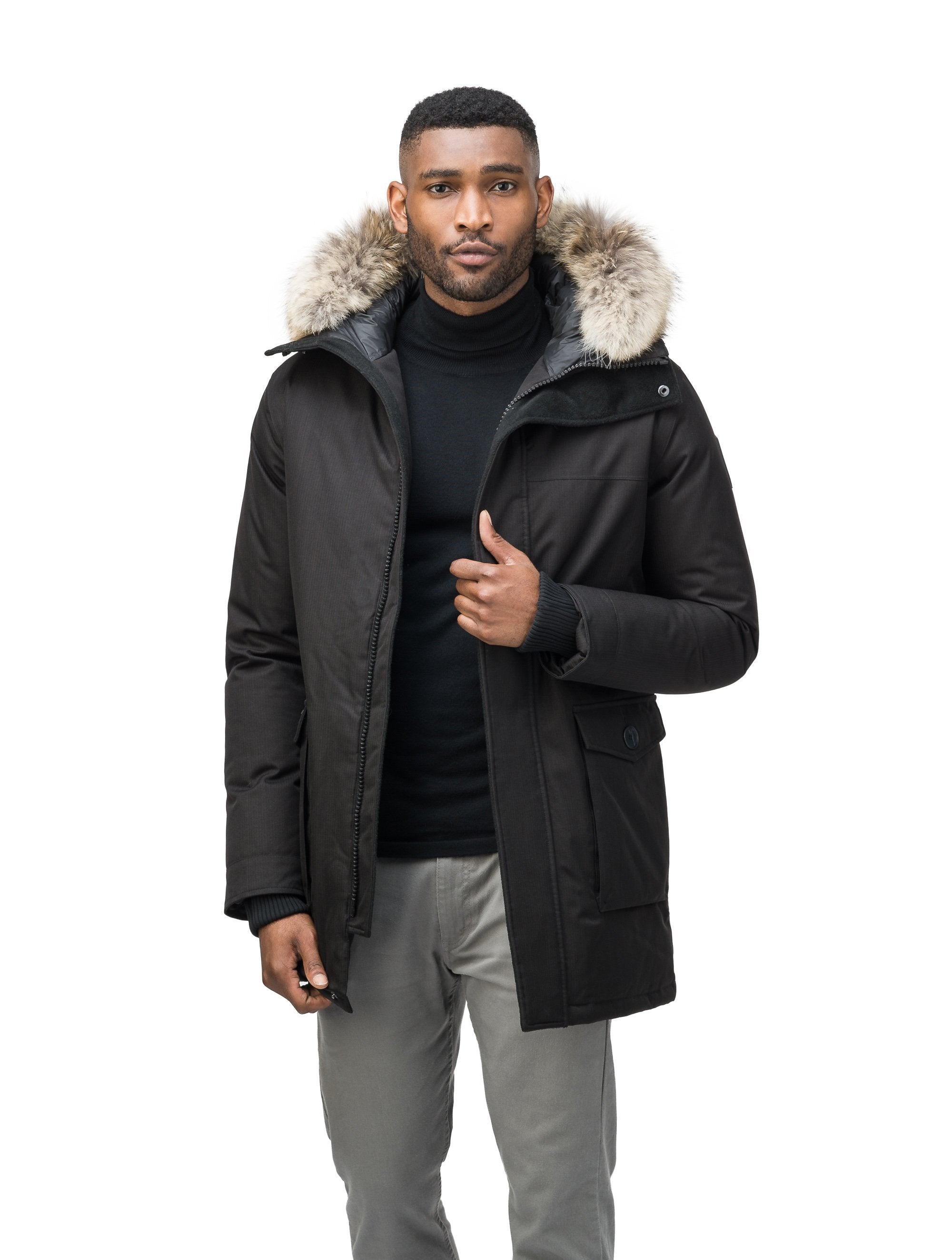 Mens black parka with black fur hotsell