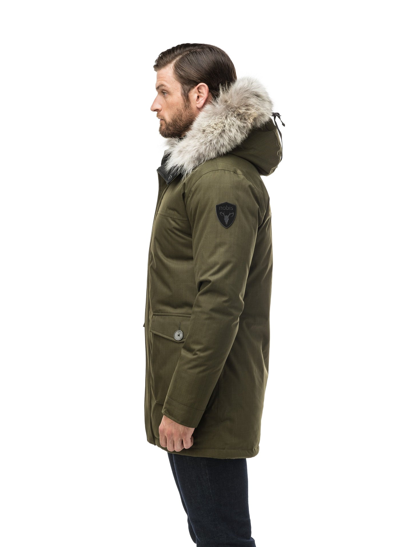 Men's slim fitting waist length parka with removable fur trim on the hood and two waist patch pockets in CH Fatigue