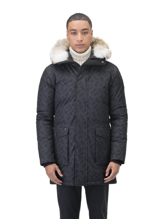 Men's slim fitting waist length parka with removable fur trim on the hood and two waist patch pockets in Dark Monogram