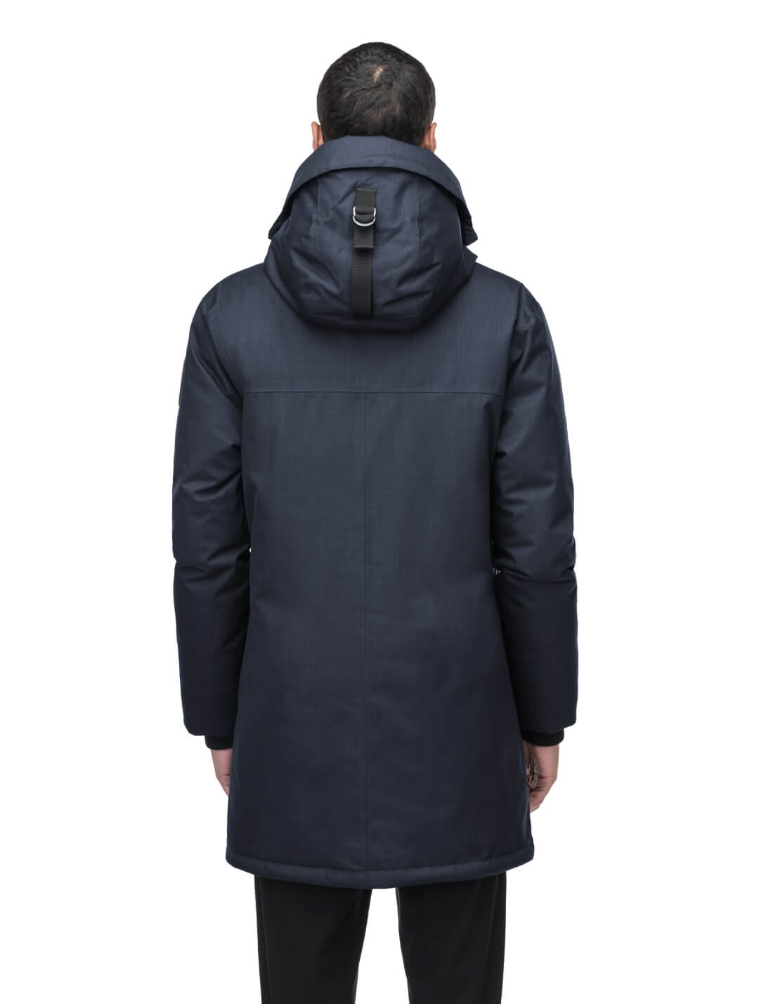 Yves Furless Men's Parka in thigh length, Canadian white duck down insulation, non-removable down-filled hood, flap pockets at waist, centre-front two-way zipper with magnetic wind flap, and elastic ribbed cuffs, in CH Navy