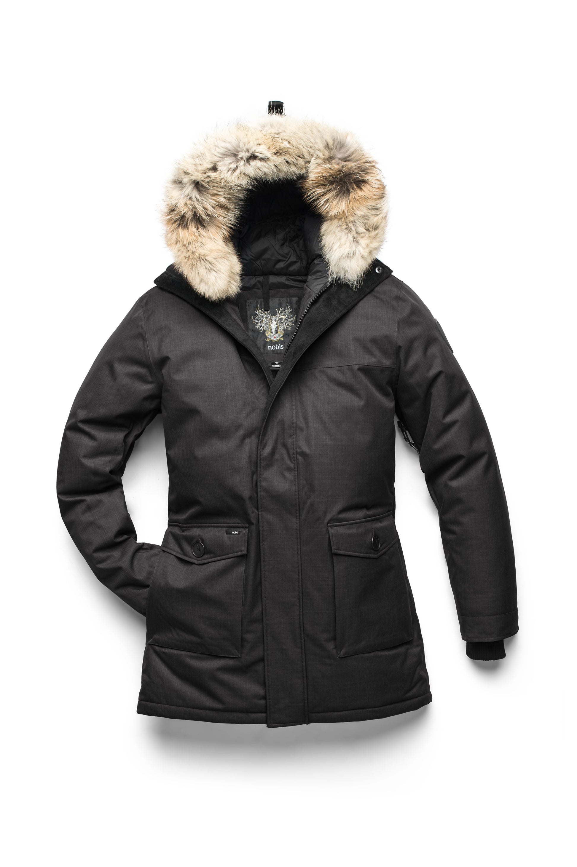Men's slim fitting waist length parka with removable fur trim on the hood and two waist patch pockets in CH Black